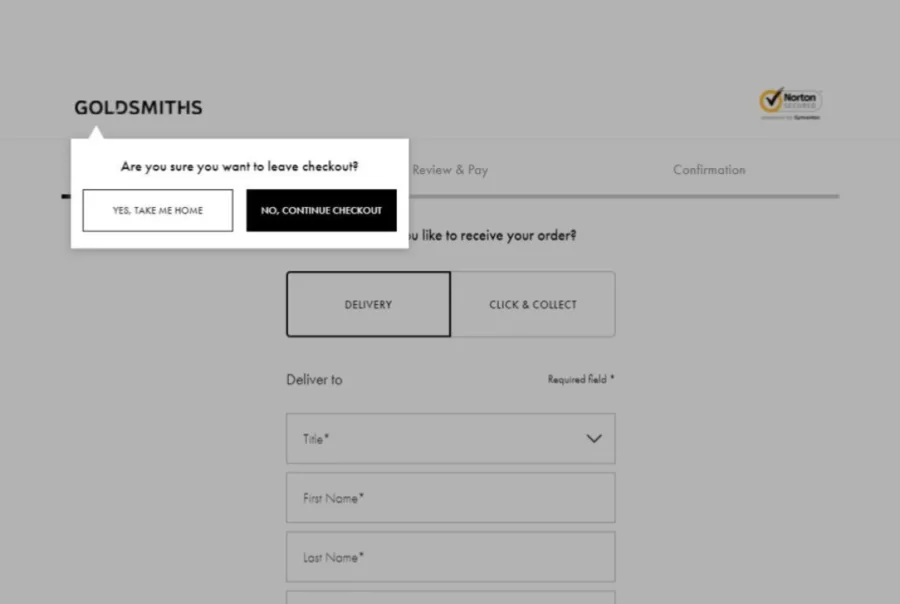 design of a Lightbox asking if the user wants to leave the checkout